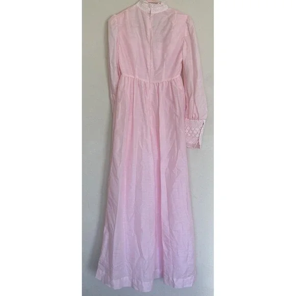 Vintage 70s Handmade Maxi Dress Baby Pink Lace Cottagecore Puff S M High Neck